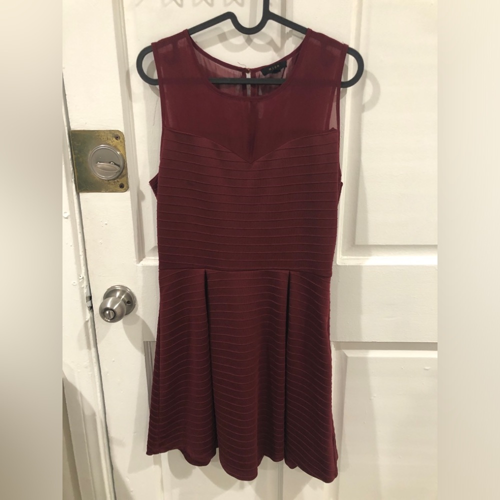 Burgundy Wine Red Mine Subtle Stripe Mini Dress Mesh Panel Medium